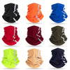 A collection of eight reflective polar fleece neck warmers in various colors including black, orange, blue, red, maroon, oliv