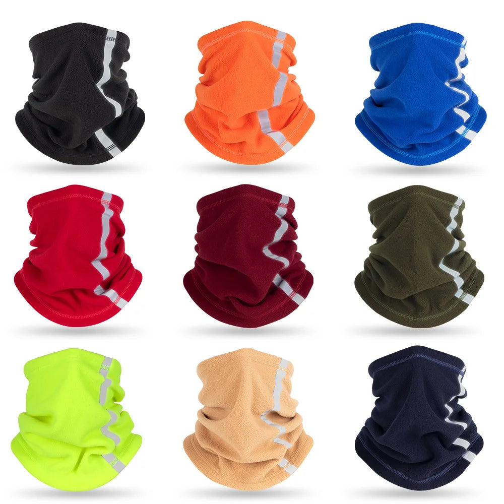 A collection of eight reflective polar fleece neck warmers in various colors including black, orange, blue, red, maroon, oliv