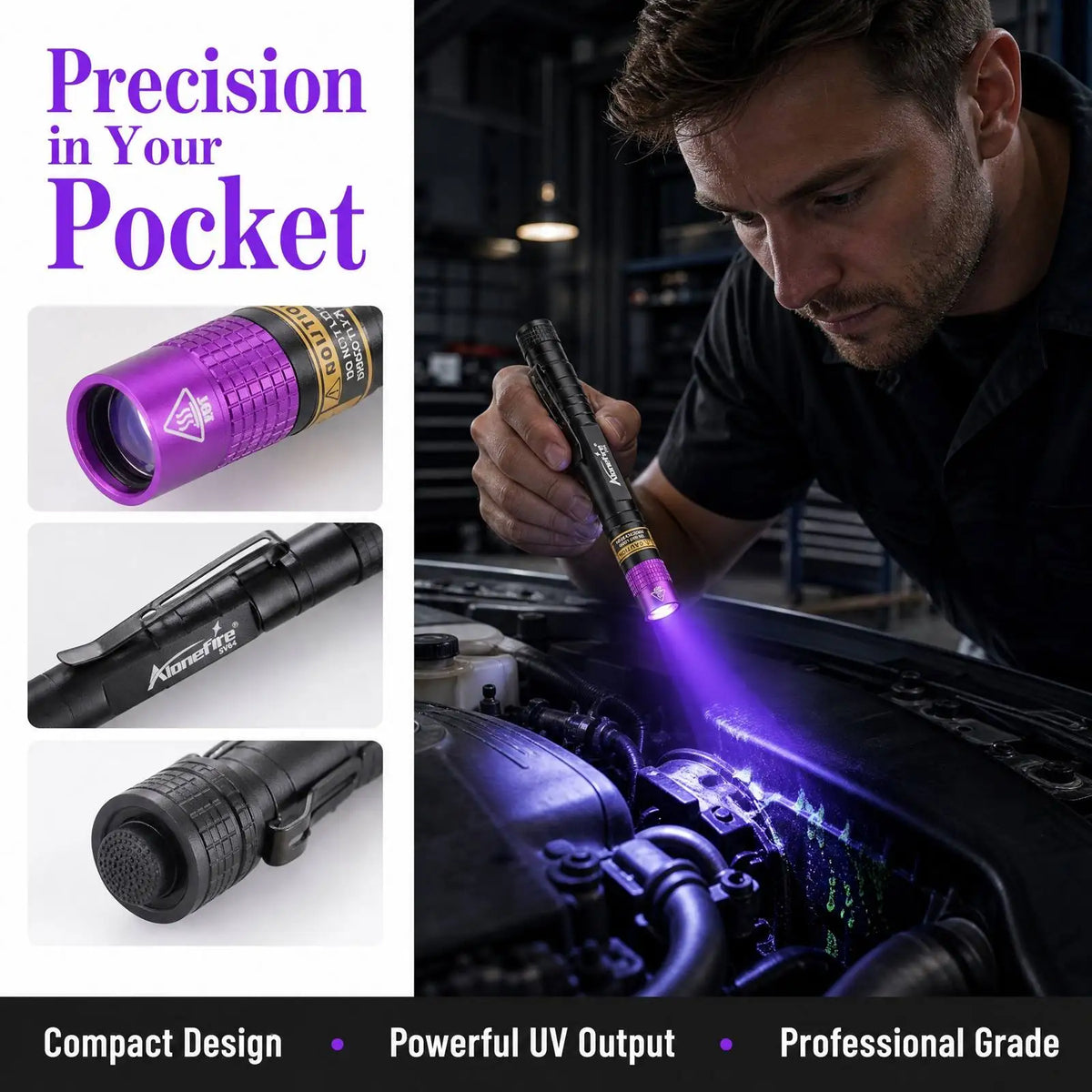 A man uses a compact mini UV flashlight with dual wavelength light on an engine component.