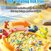 A colorful electric fishing toy with a 360-rotating fish tray and musical melodies for children.