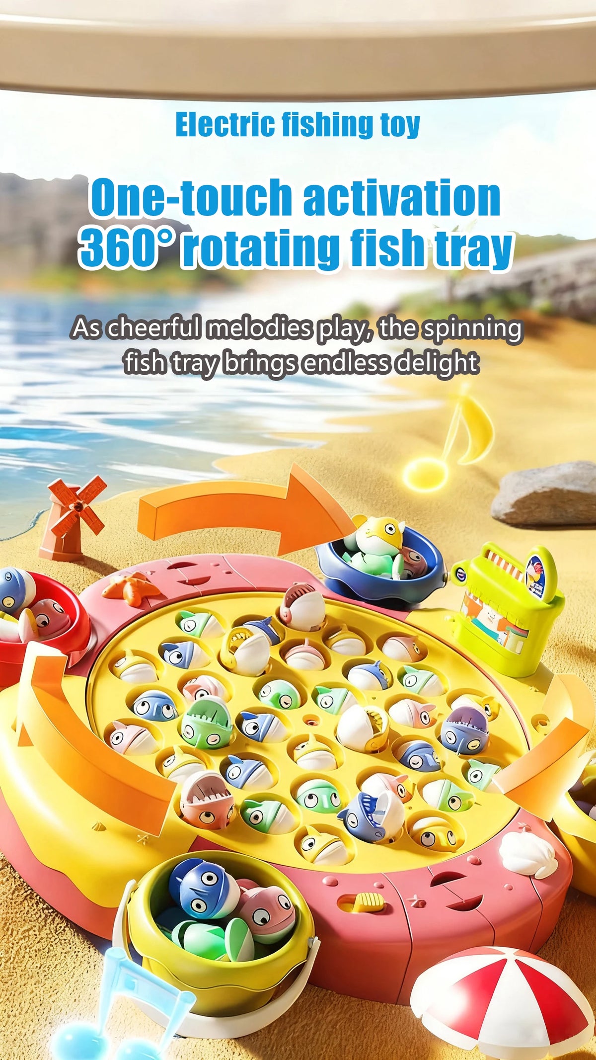 A colorful electric fishing toy with a 360-rotating fish tray and musical melodies for children.
