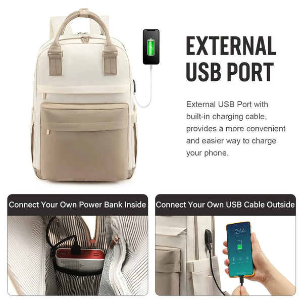 Women's Nylon Waterproof Casual Backpack with USB Port, Fits 15.6 Inch Laptop