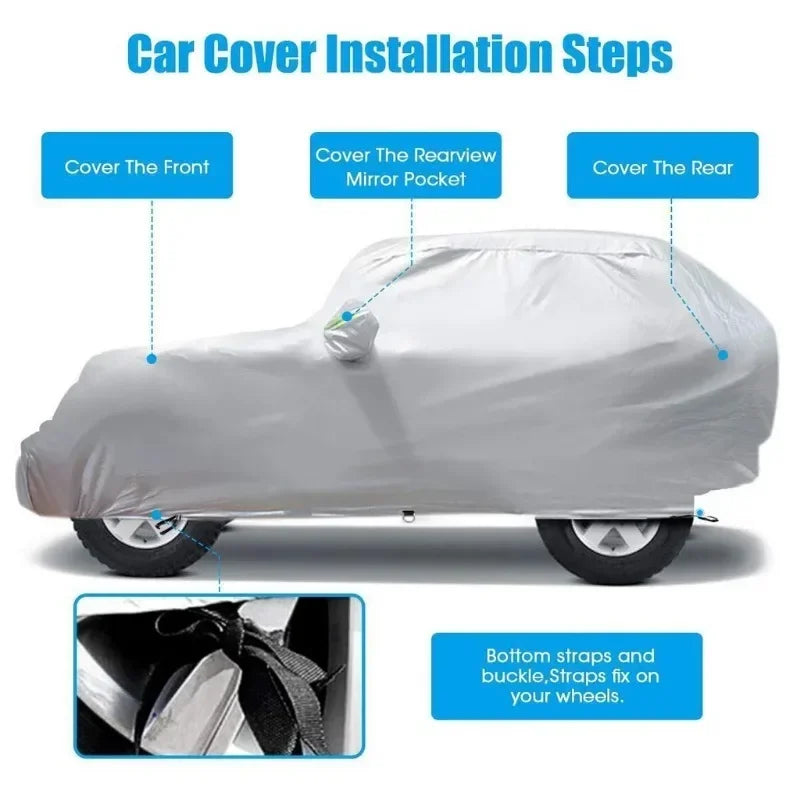 Diagram showing the installation steps for an all-weather outdoor car cover on a Jeep Wrangler.