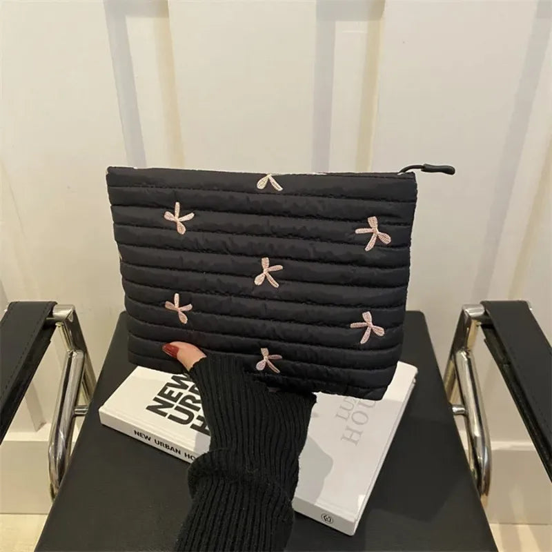 Embroidered Bow Makeup Bag with Large Capacity