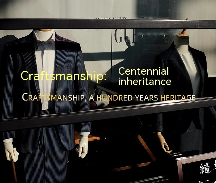 A dark blue pinstripe suit jacket displayed on a mannequin, emphasizing craftsmanship and heritage.