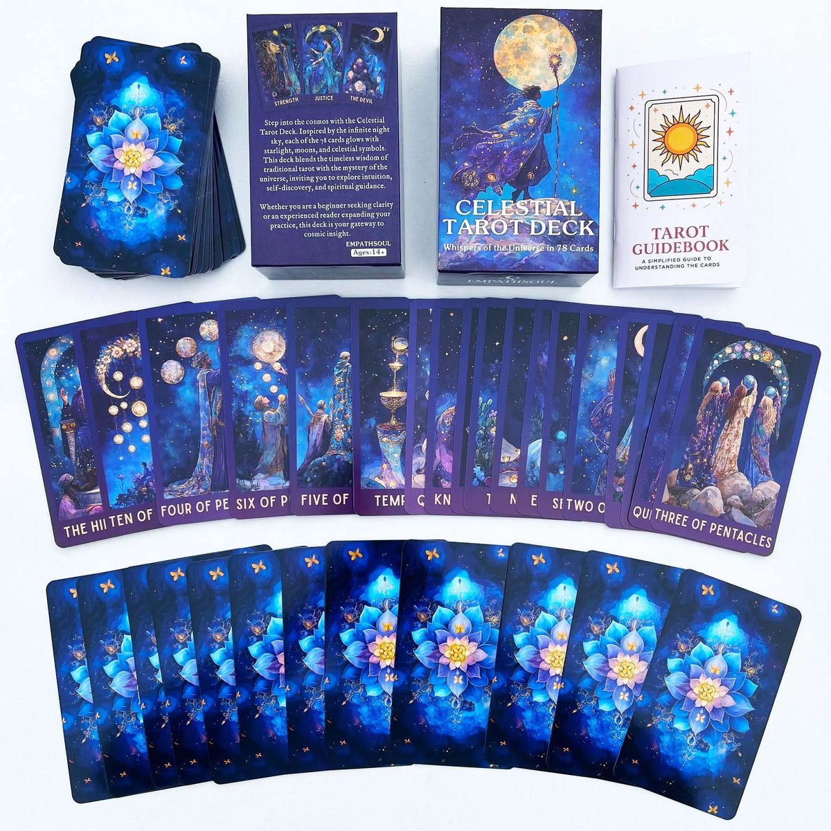 A collection of Celestial Tarot decks including a boxed deck, a tarot guidebook, and multiple card decks.