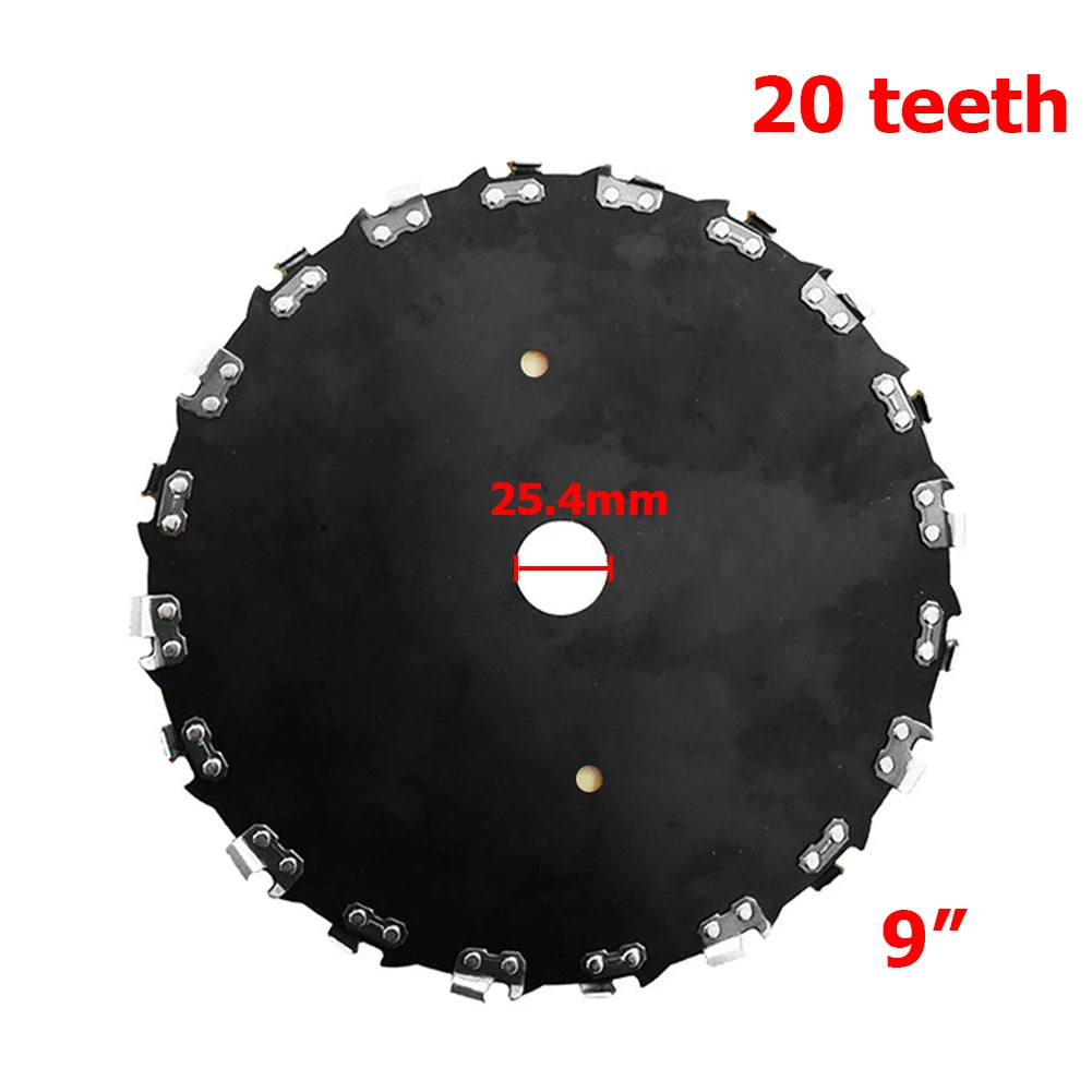 A black 9-inch alloy steel brush cutter blade with 20 teeth and a 25.4mm diameter.