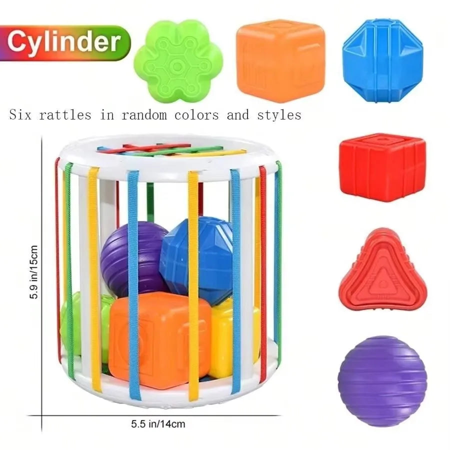 A set of six colorful cylinders and rattles for Montessori play, including a ball and shape sorter.