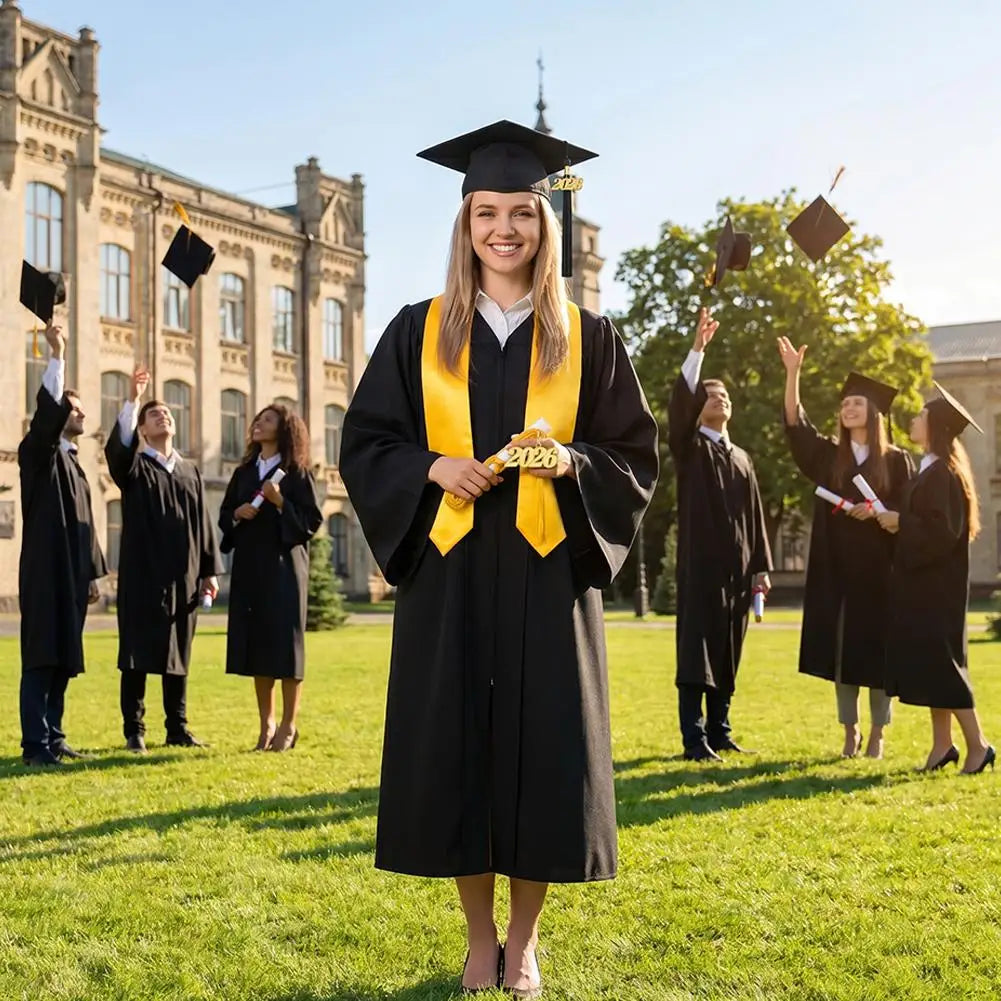 A smiling woman in a black graduation gown and cap stands on a green lawn surrounded by other graduates.