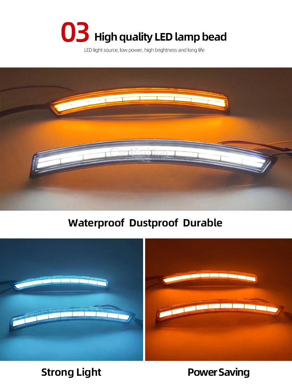 Close-up view of an orange LED lamp bead and a blue LED lamp bead highlighting its waterproof, dustproof, durable, strong lig