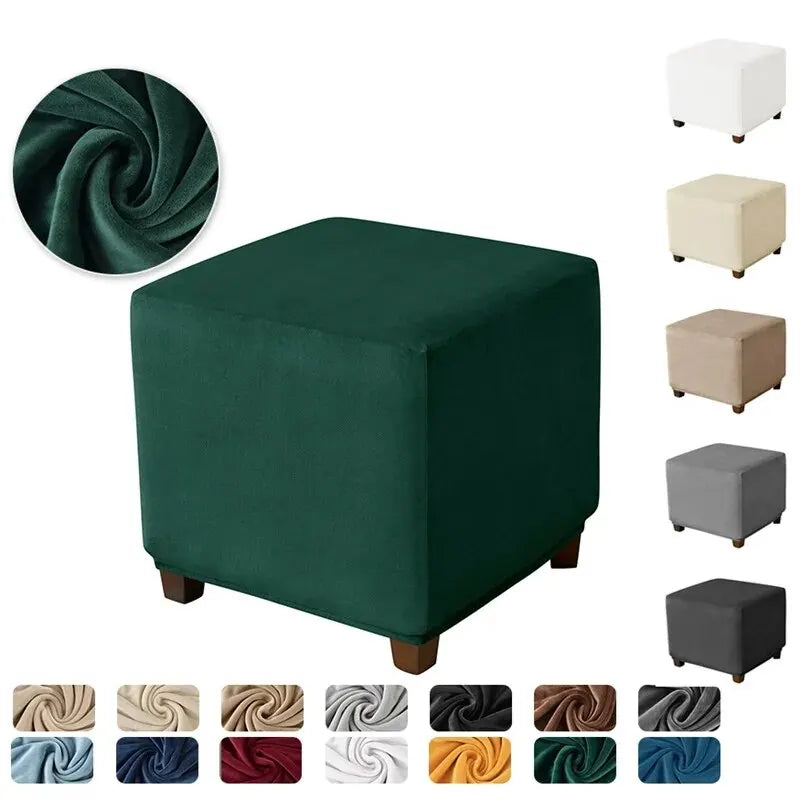 A set of dark green stretch velvet ottoman covers and footrest slipcovers in various shades and patterns.