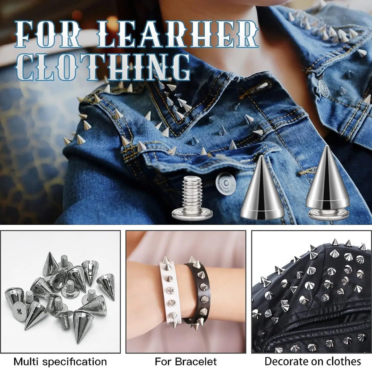 A close-up of various zinc alloy cone studs and spikes used for decorating clothing and accessories.
