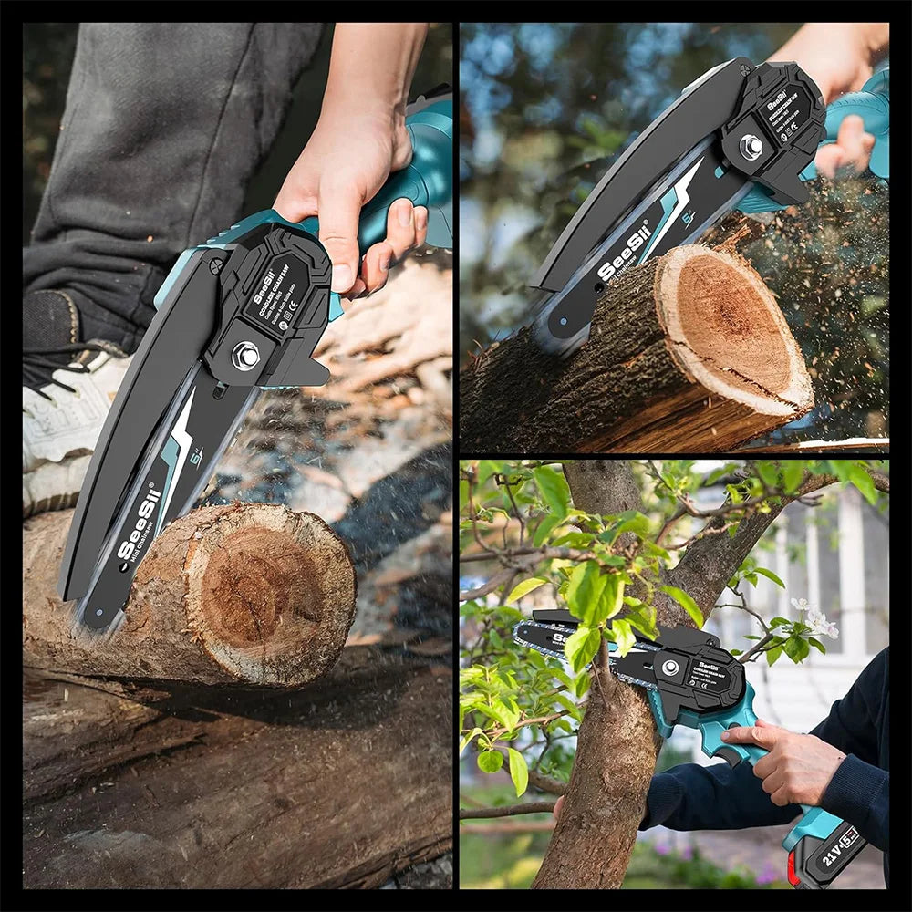 A cordless mini chainsaw is shown cutting wood and branches in a garden setting.