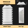 A set of ten white trapezoidal utility blades with a storage box shown next to them.