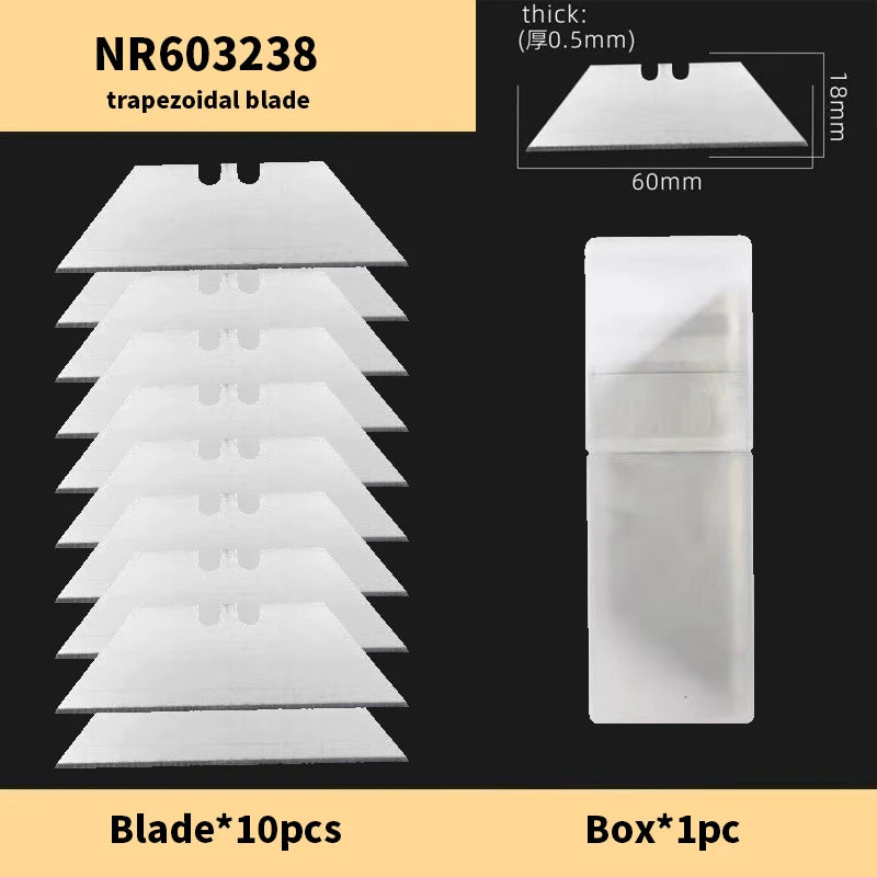 A set of ten white trapezoidal utility blades with a storage box shown next to them.
