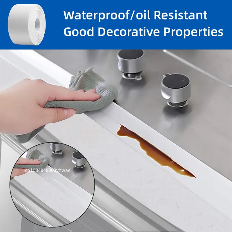 A hand applies self-adhesive waterproof sealing tape to a gap on a white sink countertop.