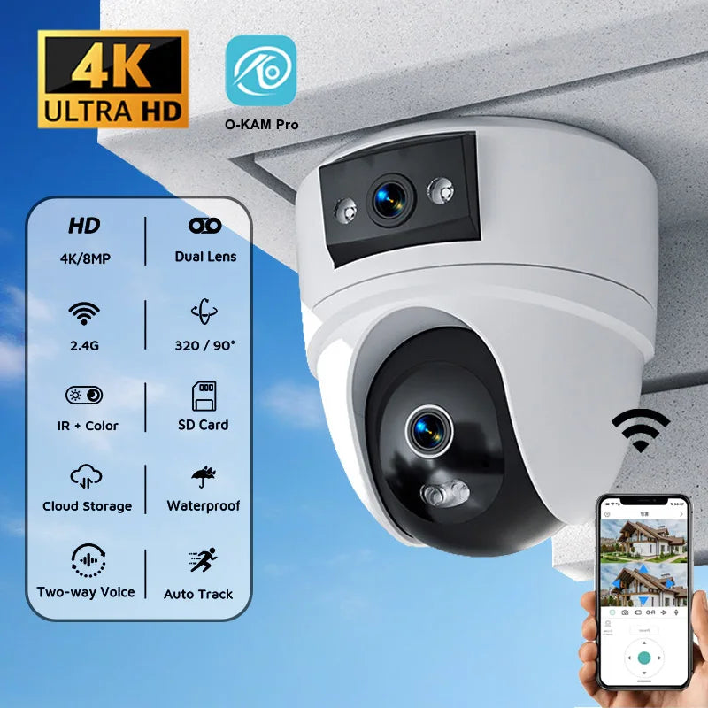 Cámara de seguridad PTZ 4K WiFi blanca de doble lente montada en la pared, con un smartphone que muestra sus funciones.