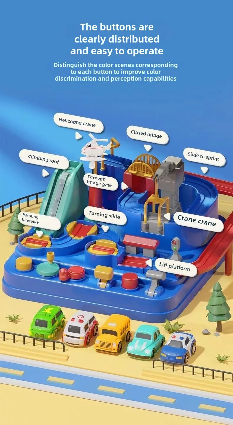 A blue plastic toy set featuring various vehicles and structures like a helicopter crane, closed bridge, and crane crane.