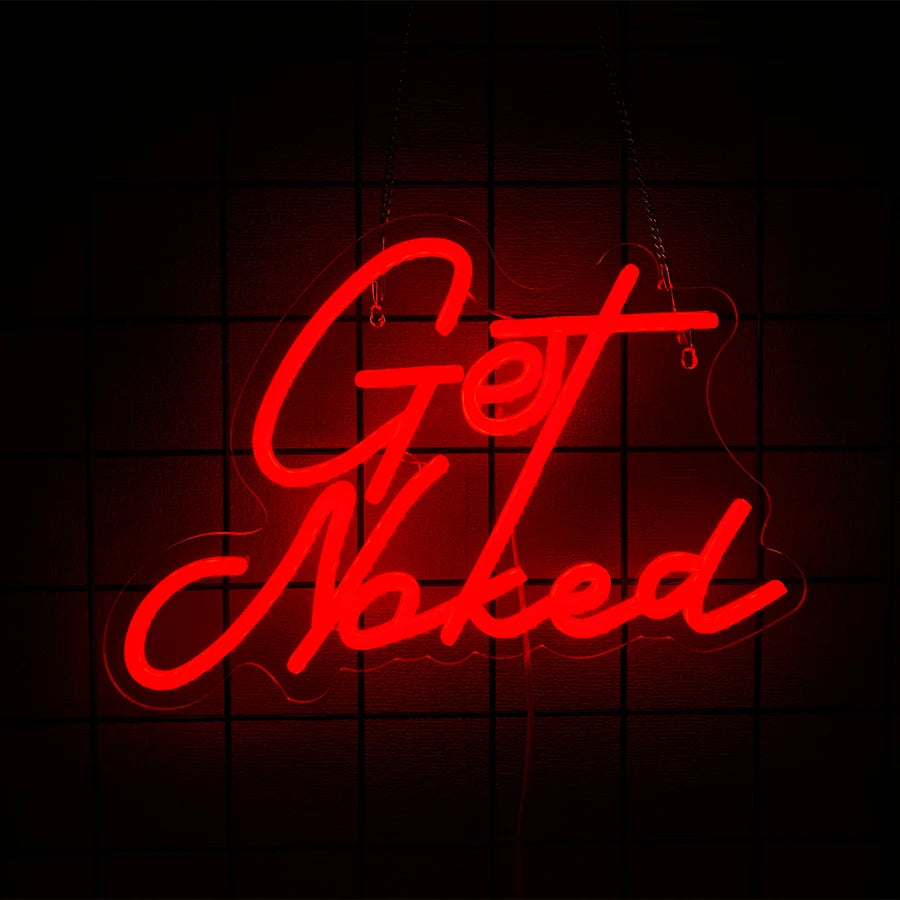 A glowing red neon sign spelling out Get Naked is suspended against a dark grid background.