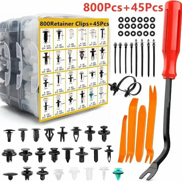 A set of 800 retainer clips and 45 pieces with a remover tool for universal car fasteners