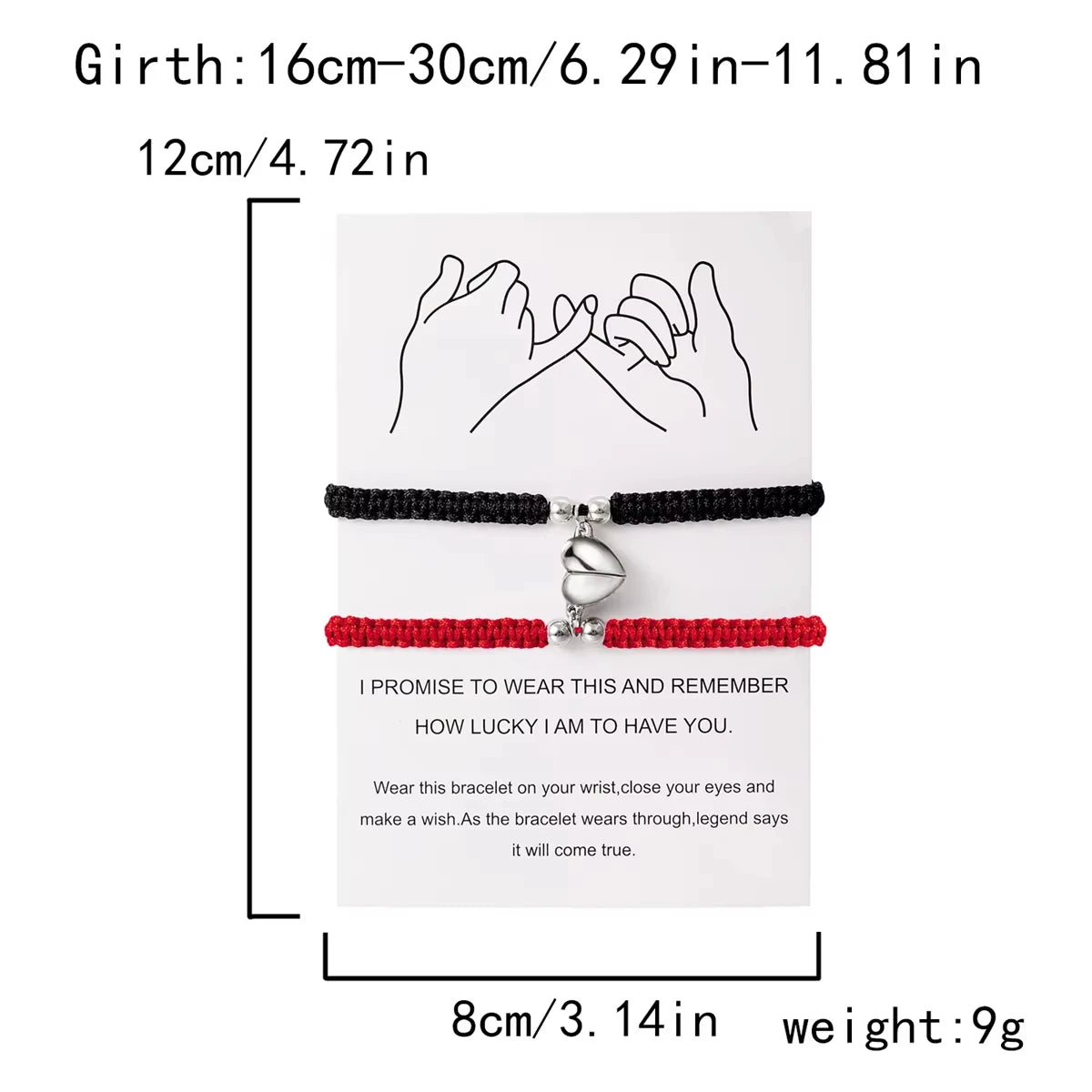 A pair of black magnetic heart couple bracelets shown with a promise message on a white card.