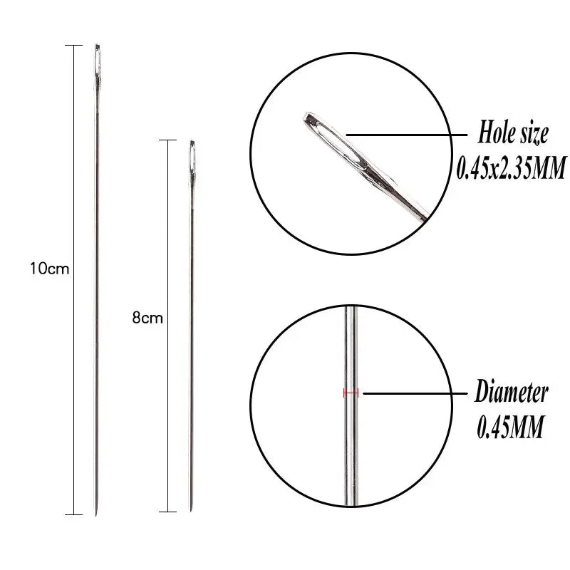 Diagrams showing the size and diameter of stainless steel beading needles for jewelry making.