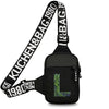 Black canvas chest bag with a wide strap and zipper closure