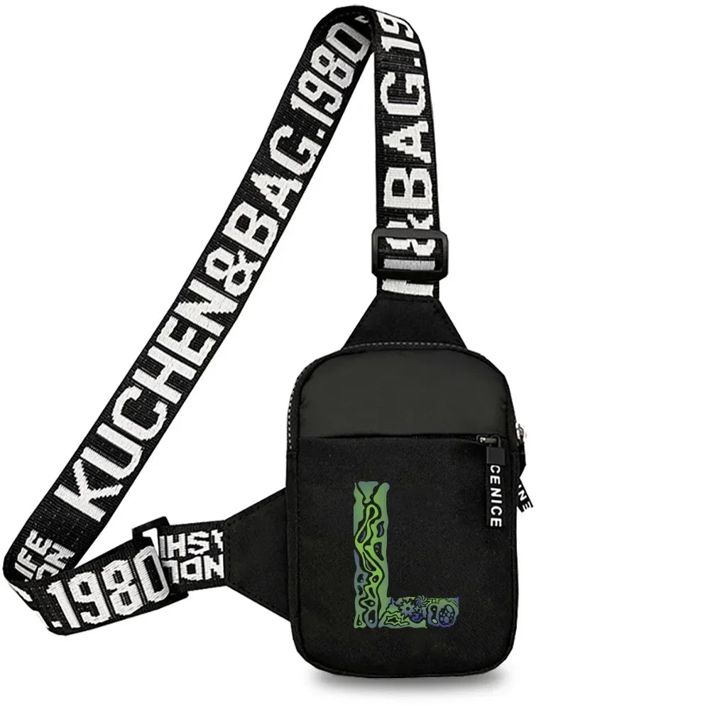 Black canvas chest bag with a wide strap and zipper closure
