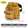 A tan leather tool pouch with multiple pockets is shown, displaying various dimensions and features.