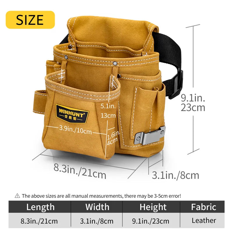 A tan leather tool pouch with multiple pockets is shown, displaying various dimensions and features.