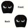A pair of black slanted eyes car headrest covers shown from the front and back views.