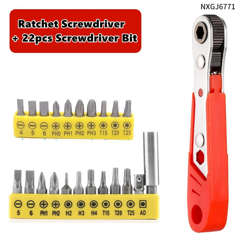 Compact 90-Degree Ratcheting Screwdriver Set with Bit Kit