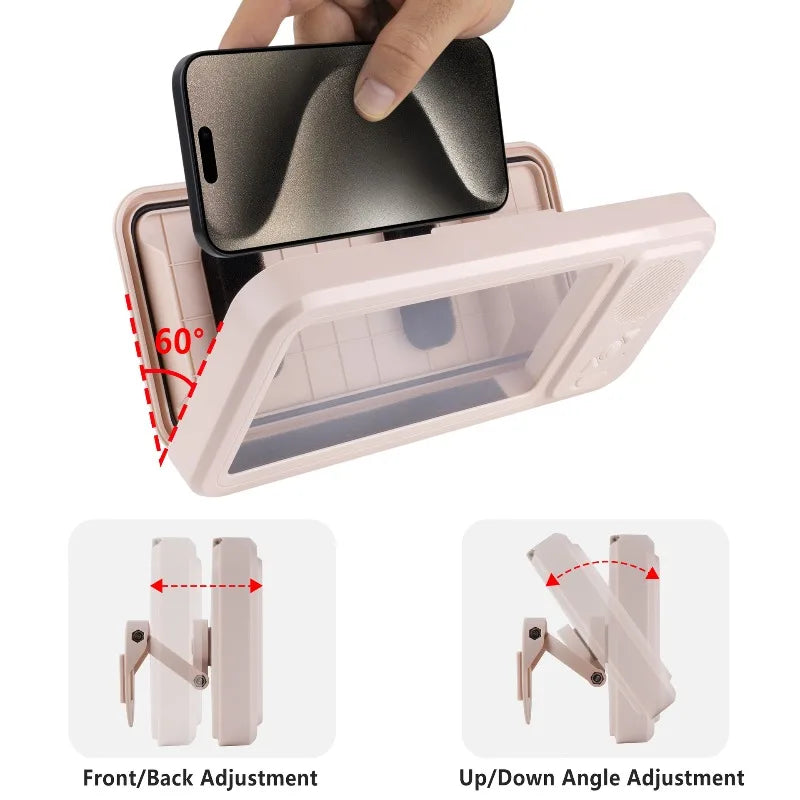 A pink shower phone holder with a black smartphone is shown, demonstrating front/back and up/down angle adjustments.