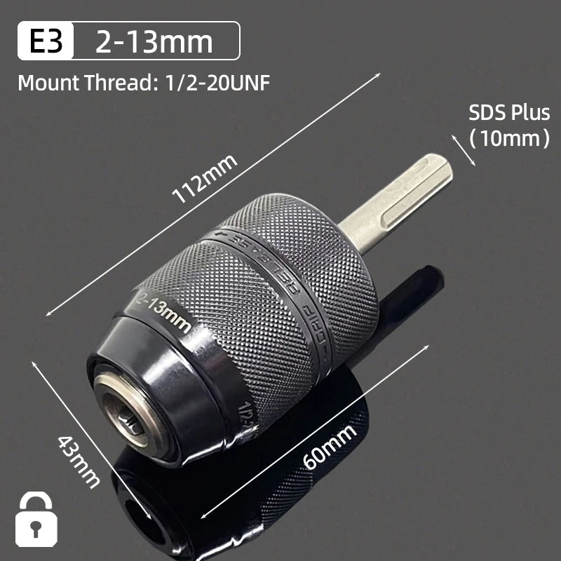 A close-up view of an E3 drill chuck with a 2-13mm bit, showing its dimensions and mount thread.