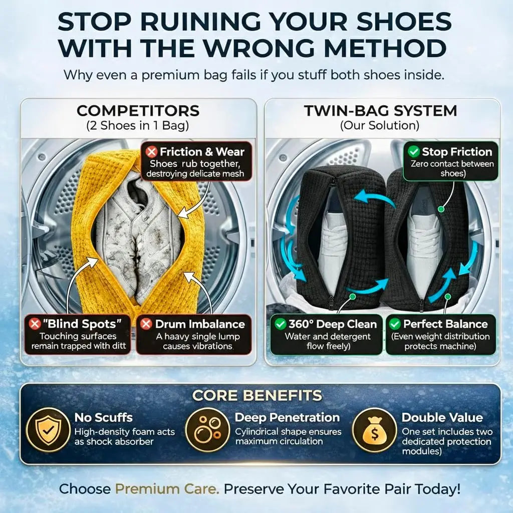 Two black reusable shoe washing bags for machine cleaning shown next to yellow bags, highlighting a twin-bag system.