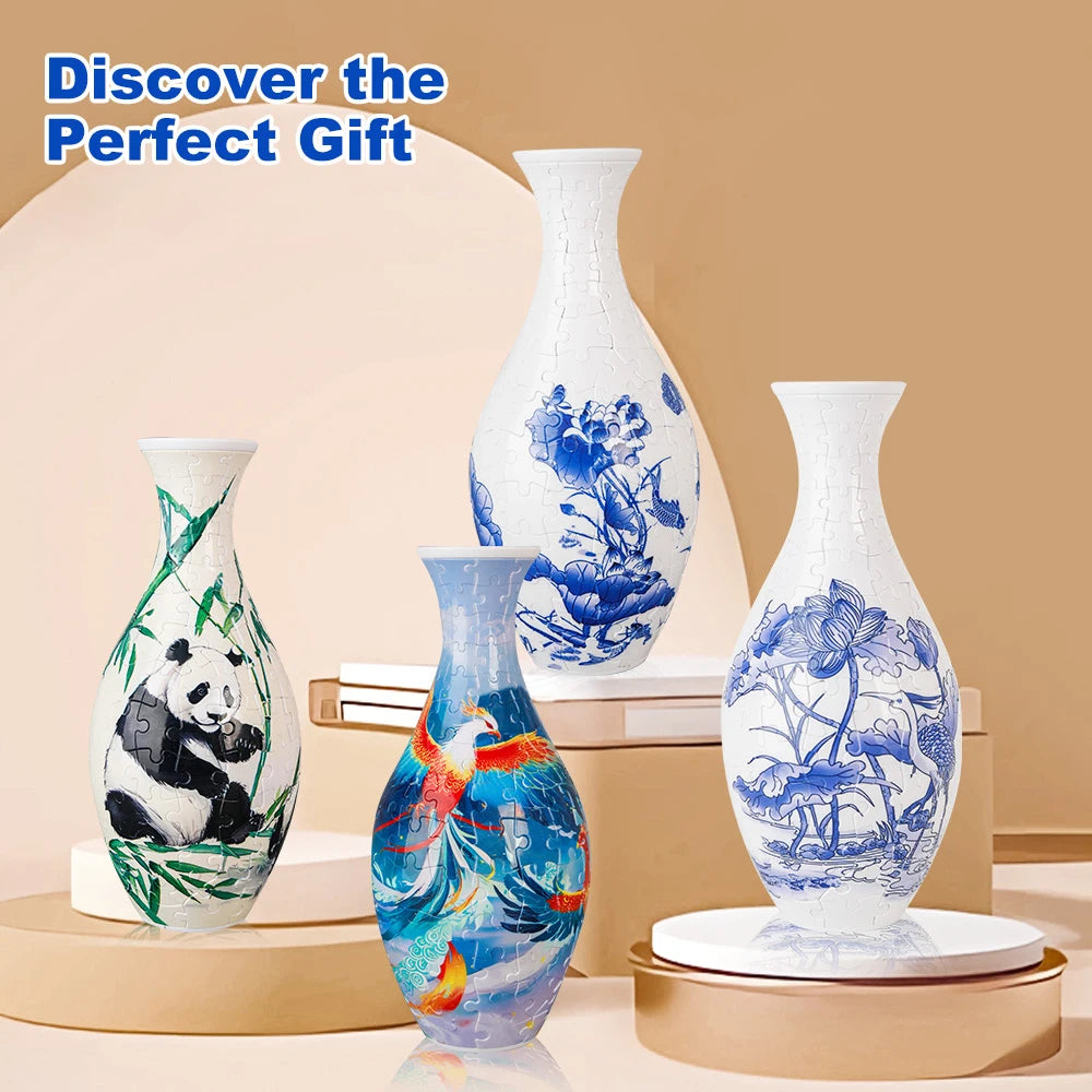 A collection of white porcelain vases with blue floral designs displayed on a light background.