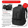 Black upgraded travel backpack featuring a front pocket, expanding design, and an independent shoe compartment.