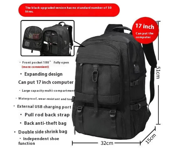 Black upgraded travel backpack featuring a front pocket, expanding design, and an independent shoe compartment.