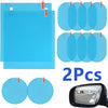 Two pieces of car mirror rain-proof film with anti-fog and anti-reflective coating shown alongside a car mirror.