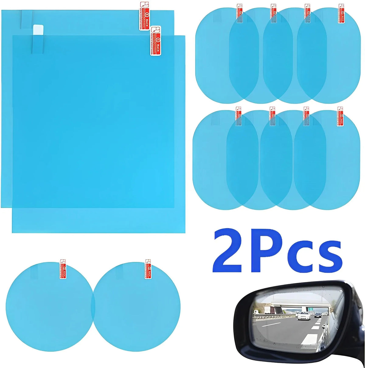 Two pieces of car mirror rain-proof film with anti-fog and anti-reflective coating shown alongside a car mirror.