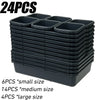 A stack of black modular drawer organizer trays with interlocking dividers, showing sizes for small, medium, and large capaci