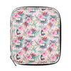 A pink floral patterned crochet hook organizer bag with black trim.