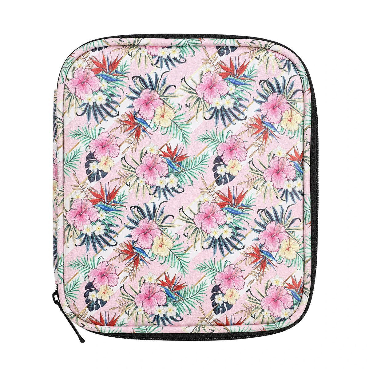 A pink floral patterned crochet hook organizer bag with black trim.