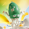 A green interactive dancing octopus toy with light-up tentacles is shown against a bright, abstract background.