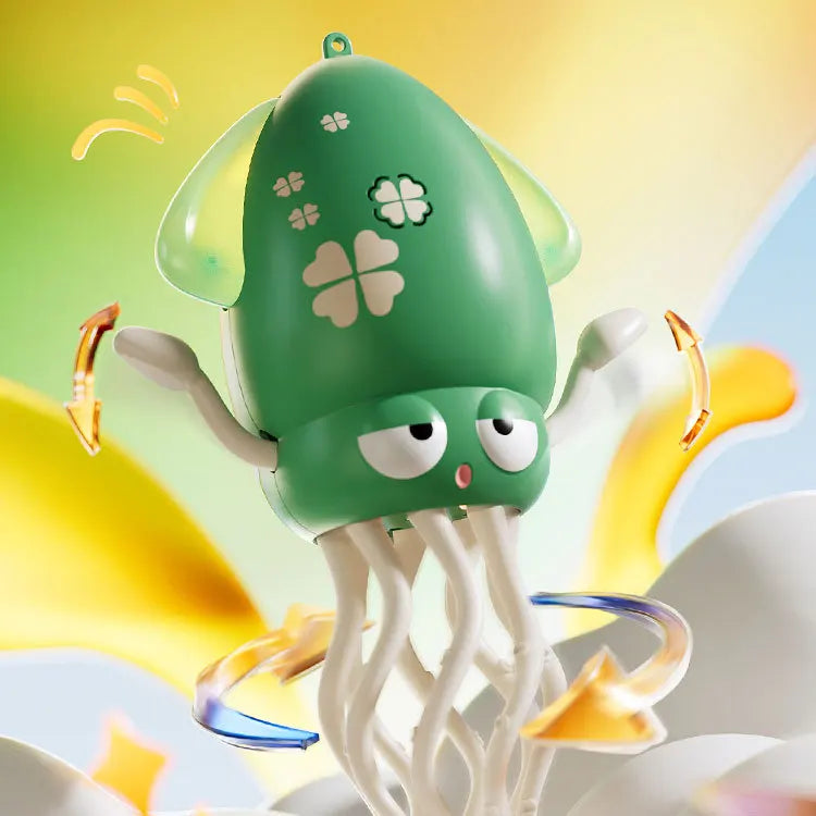 A green interactive dancing octopus toy with light-up tentacles is shown against a bright, abstract background.