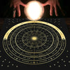 A hand illuminates a mystical zodiac tarot tablecloth showing the twelve zodiac signs and celestial symbols.