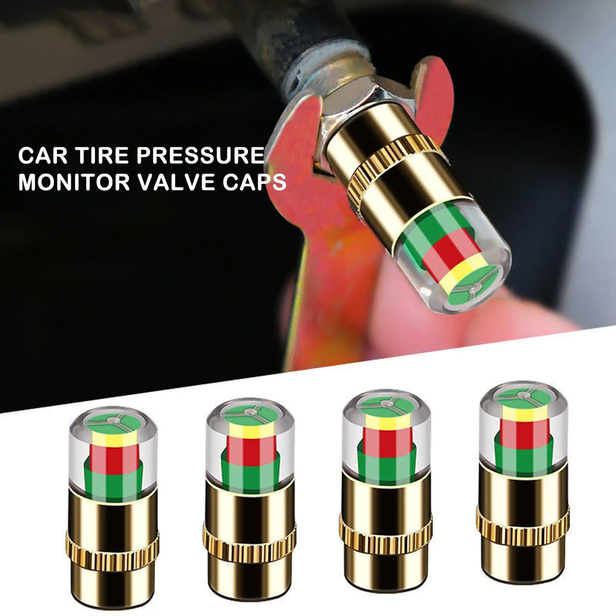 Set of four color-coded tire pressure monitor valve caps shown in various orientations.