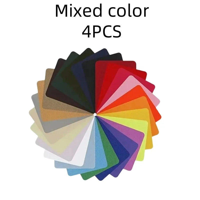 A fan arrangement of nine mixed colored fabric patches in various shades of green, blue, red, and yellow.