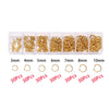 A set of gold-colored jump rings and crimps packaged in clear plastic compartments with labeled sizes from 3mm to 10mm.