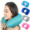 A woman is shown using a light blue self-inflating travel neck pillow with soft flocking covers in various shapes and colors.